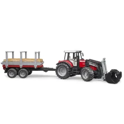 Bruder Tractor Massey Ferguson 7480 Met Houttransport Aanhanger