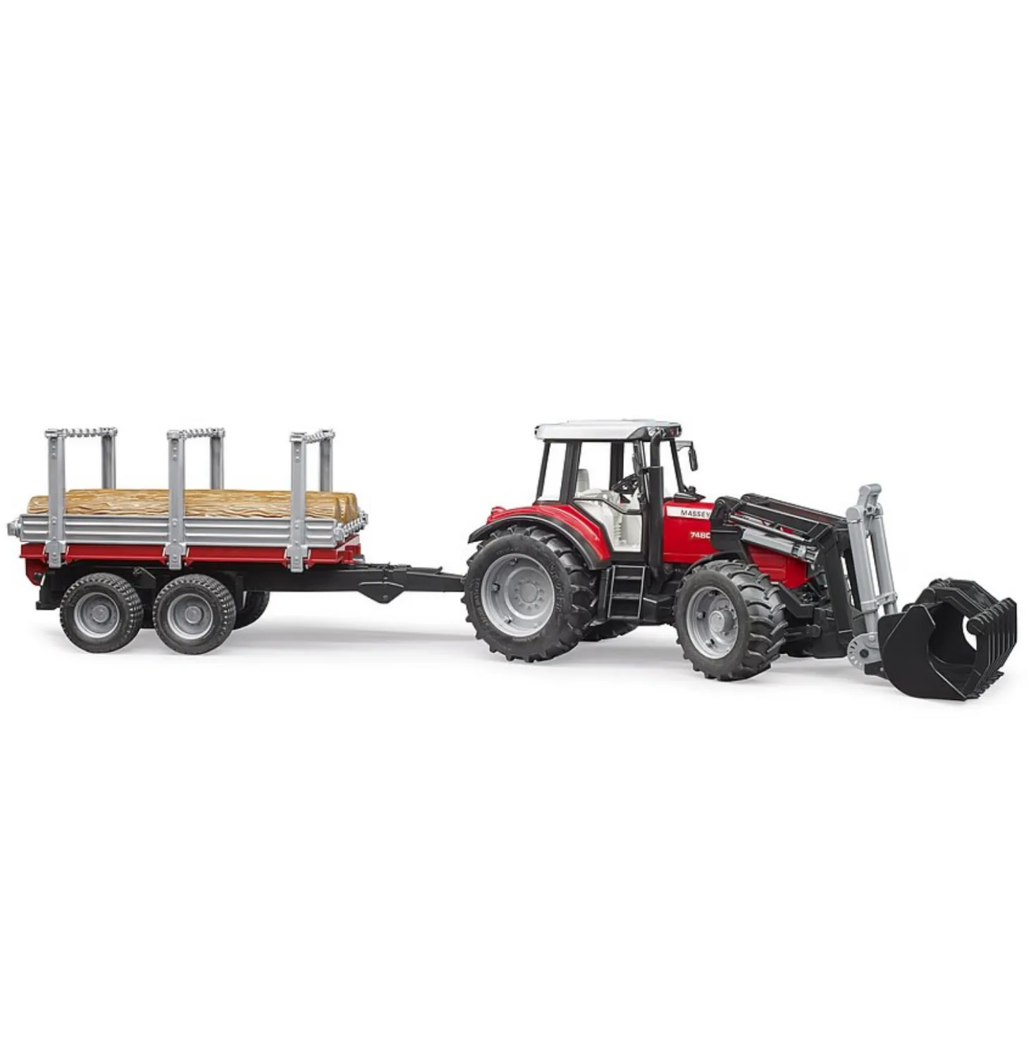 Bruder Tractor Massey Ferguson 7480 Met Houttransport Aanhanger