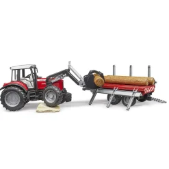 Bruder Tractor Massey Ferguson 7480 Met Houttransport Aanhanger