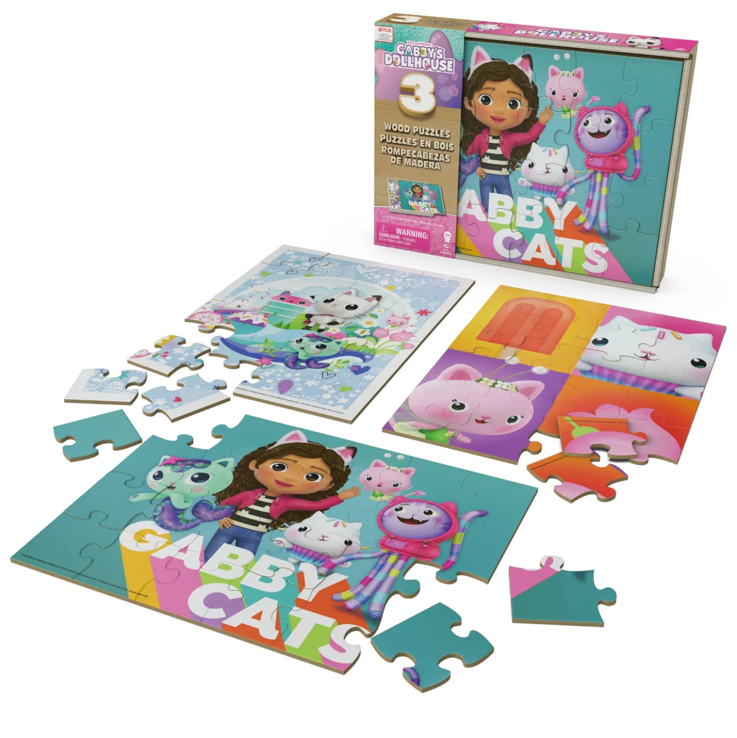 Gabby's Dollhouse Puzzel 3 Pack: Houten Puzzel In Houten Doos