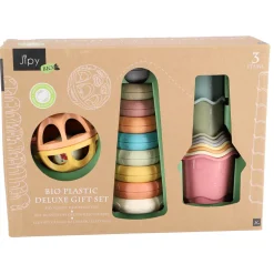Jipy bioplastic Deluxe Giftset stapeltoren bad stapelbekertjes en speel ratelbal 3 delig