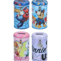 Spaarpot licentie met slot 4 assorti Paw Patrol, Minnie Mouse, Spider-Man